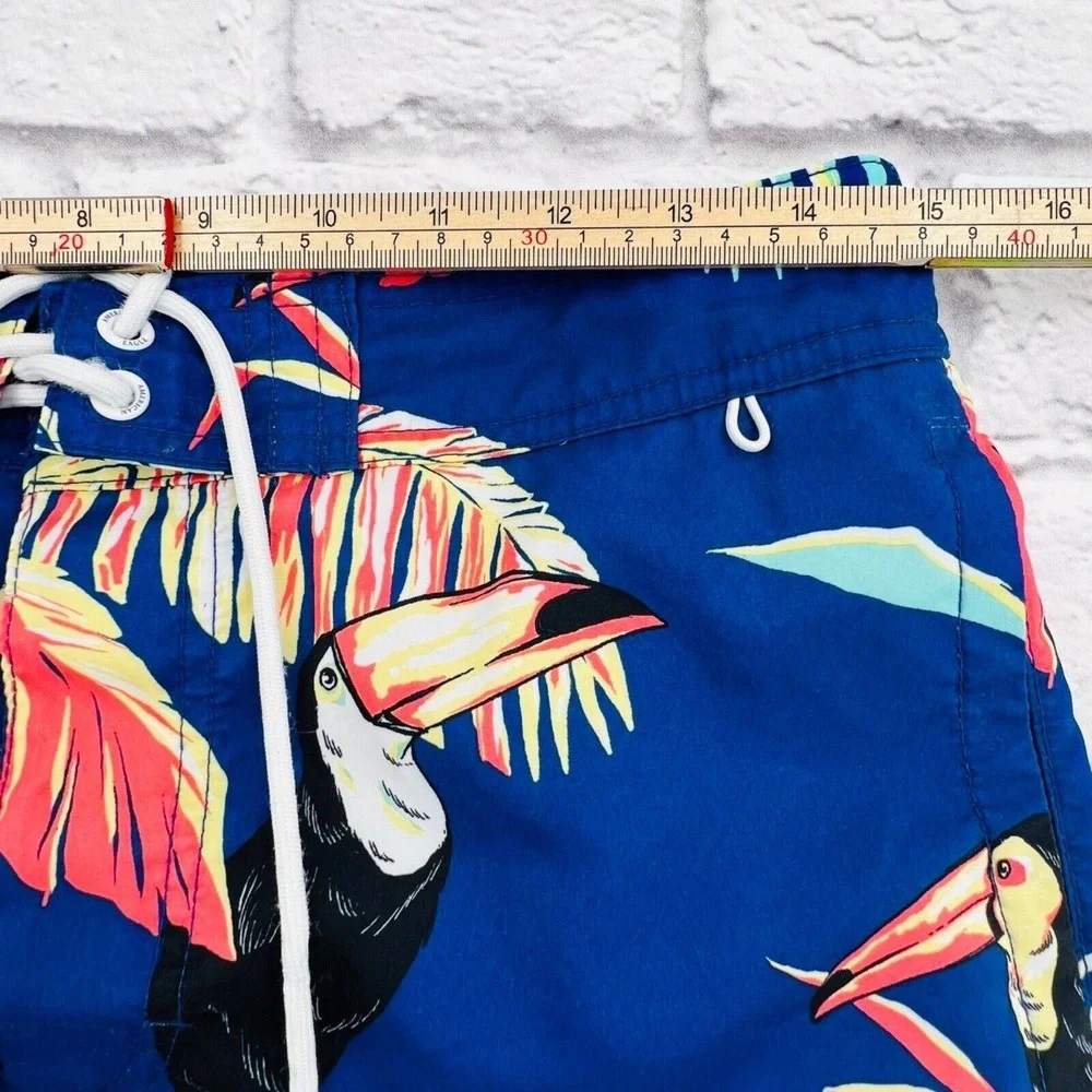American Eagle Swim Board Shorts Small Blue Toucan Palm Leaves Drawstring Beach